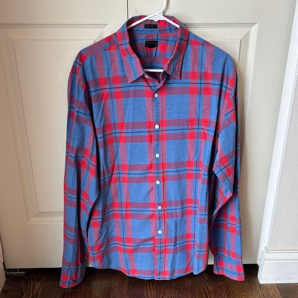 J. Crew Men's plaid Blue Red casual cotton button down Shirt size XL slim EUC